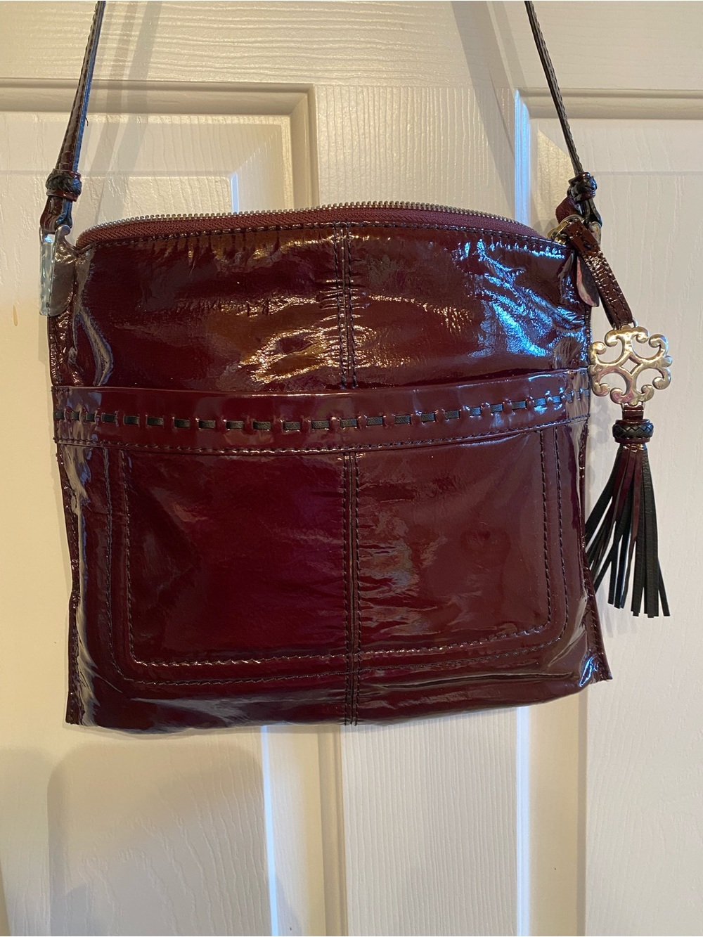 Brighton “Glass” Italian Patent Leather Bag in Deep Burgundy with wallet